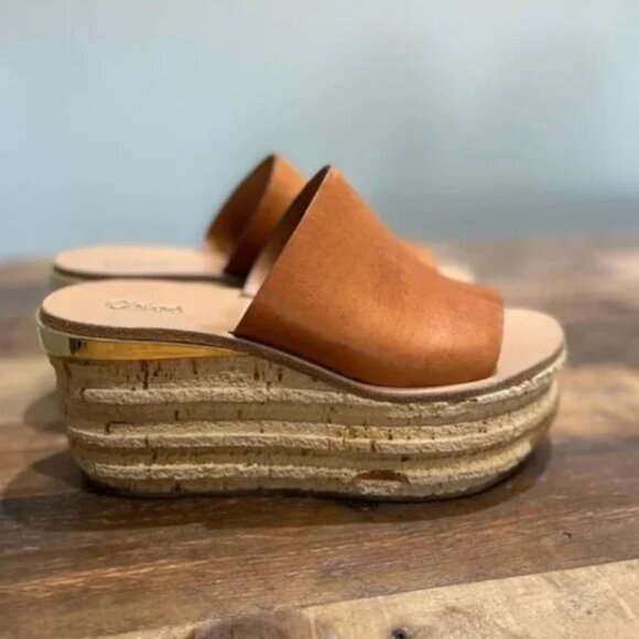 Chloe Camille Platform Wedge Mule Sandals – Brown Leather with Gold Detail - Picture 6 of 6